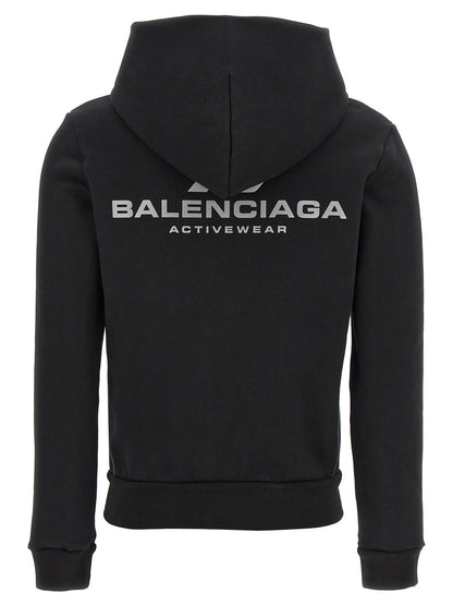 Sweatshirt Hoodie by Balenciaga for women in stretch cotton black & print features an dramatic silhouette, showcasing a sophisticated hooded neckline and dramatic for a refined, modern aesthetic.