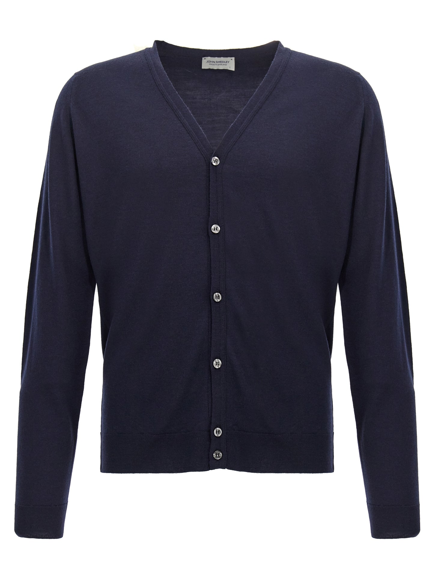 Cardigan by JOHN SMEDLEY for men in wool blue features an crisp silhouette, showcasing a sophisticated wrap neckline and detail for a truly crisp finish.