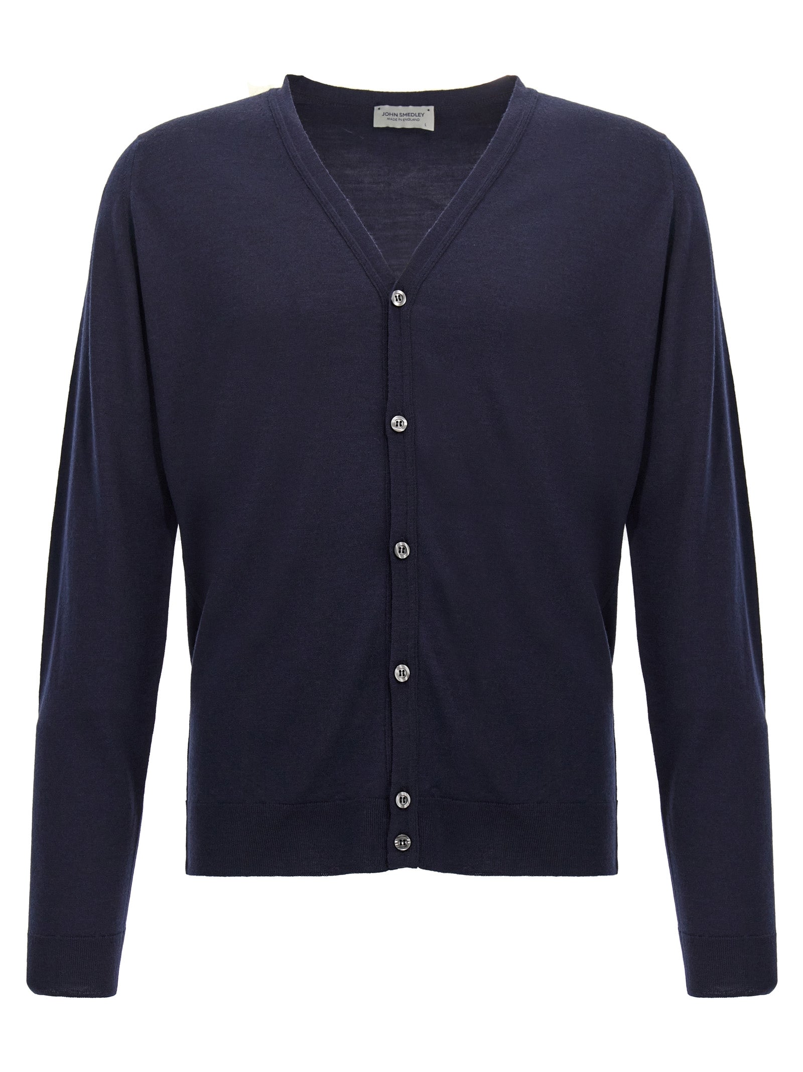 Cardigan by JOHN SMEDLEY for men in wool blue features an crisp silhouette, showcasing a sophisticated wrap neckline and detail for a truly crisp finish.