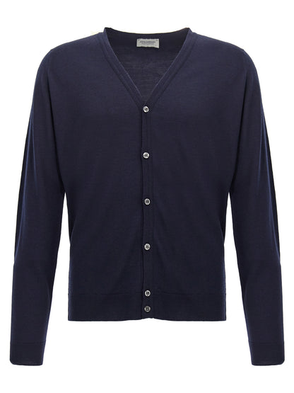 Cardigan by JOHN SMEDLEY for men in wool blue features an crisp silhouette, showcasing a sophisticated wrap neckline and detail for a truly crisp finish.