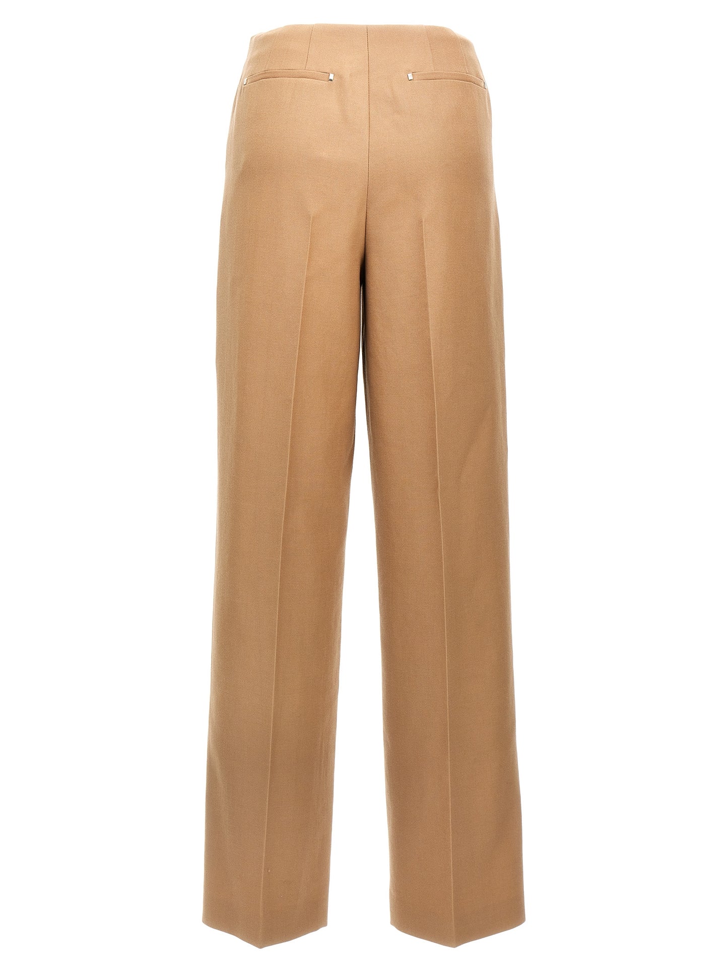 Trousers by Fendi for women in wool beige features a sculptural silhouette, showcasing a sculptural wide and long with a sophisticated for a sculptural finish.