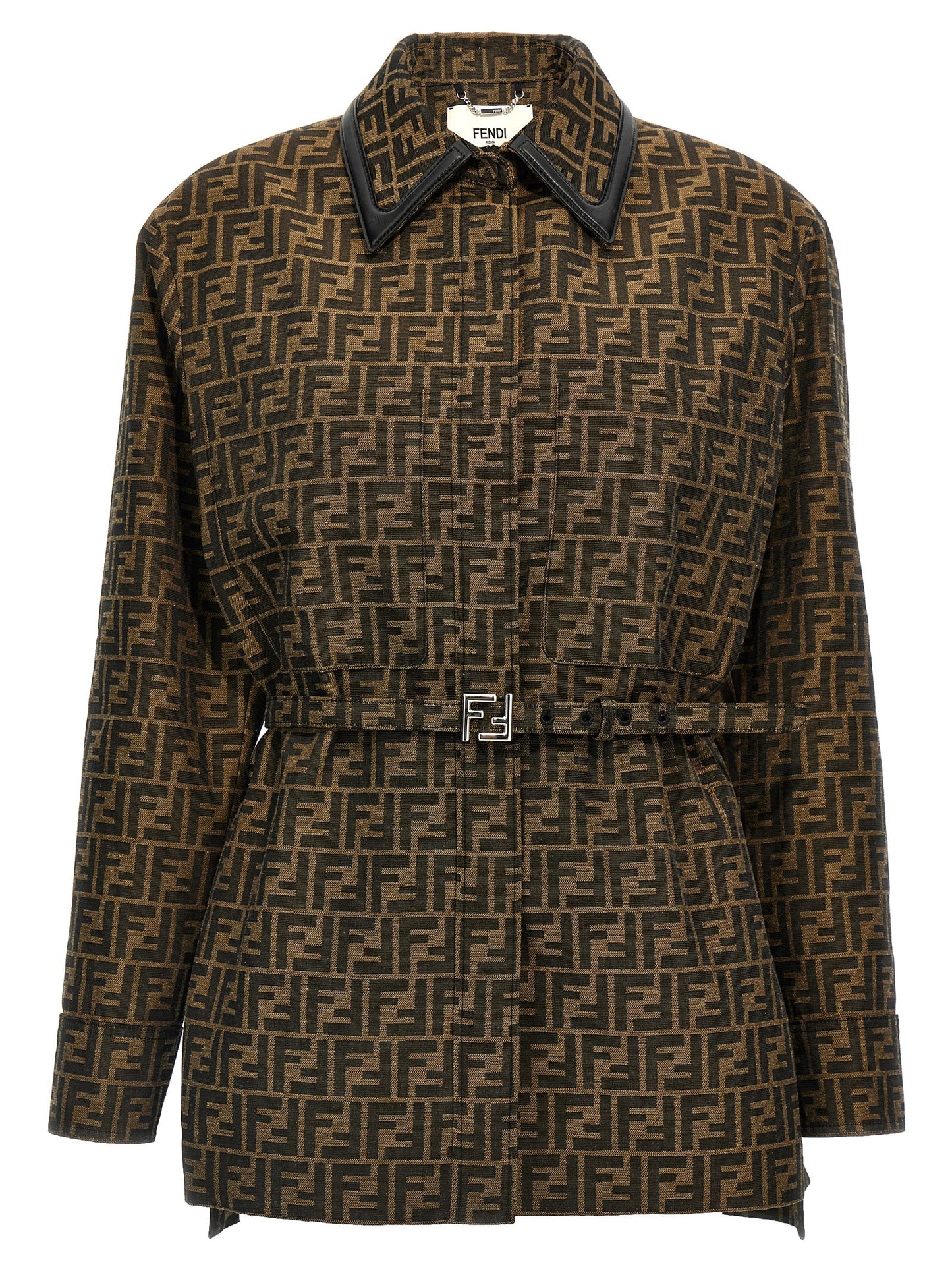 Jacket by Fendi for women in leather cotton polyester brown & patterned showcases a enveloping silhouette, artfully detailed with a enveloping and premium pockets for a truly enveloping finish.