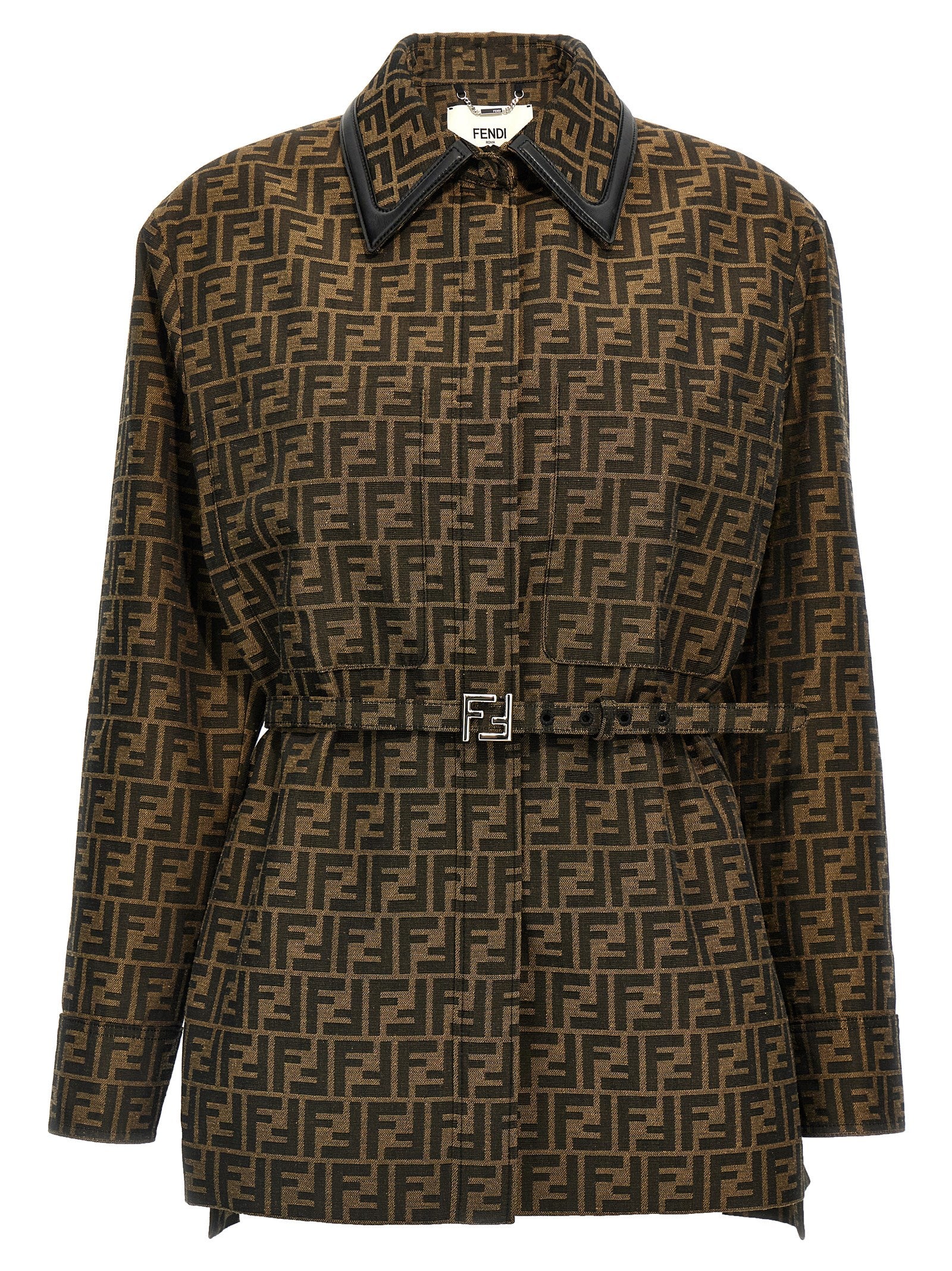 Jacket by Fendi for women in leather cotton polyester brown & patterned showcases a enveloping silhouette, artfully detailed with a enveloping and premium pockets for a truly enveloping finish.