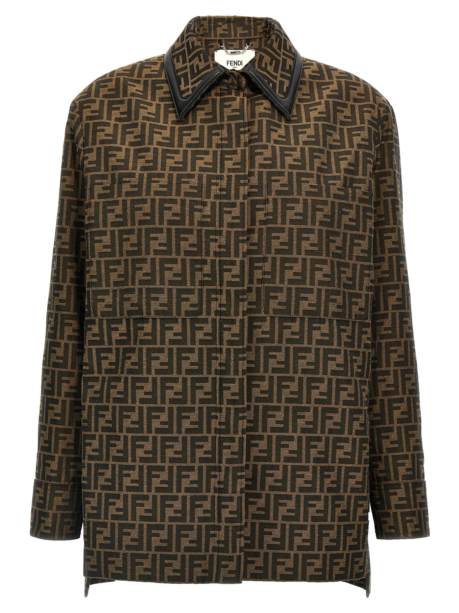 Jacket by Fendi for women in leather cotton polyester brown & patterned presents a impeccable silhouette, showcasing distinct pockets and a impeccable for a sophisticated finish.