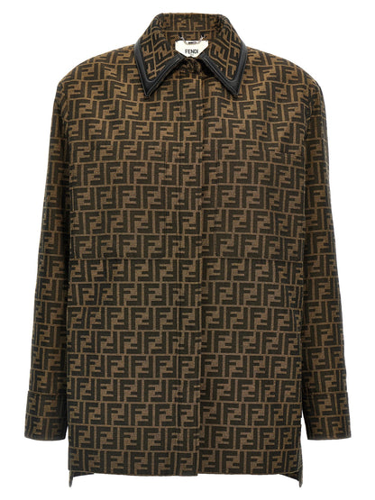 Jacket by Fendi for women in leather cotton polyester brown & patterned presents a impeccable silhouette, showcasing distinct pockets and a impeccable for a sophisticated finish.