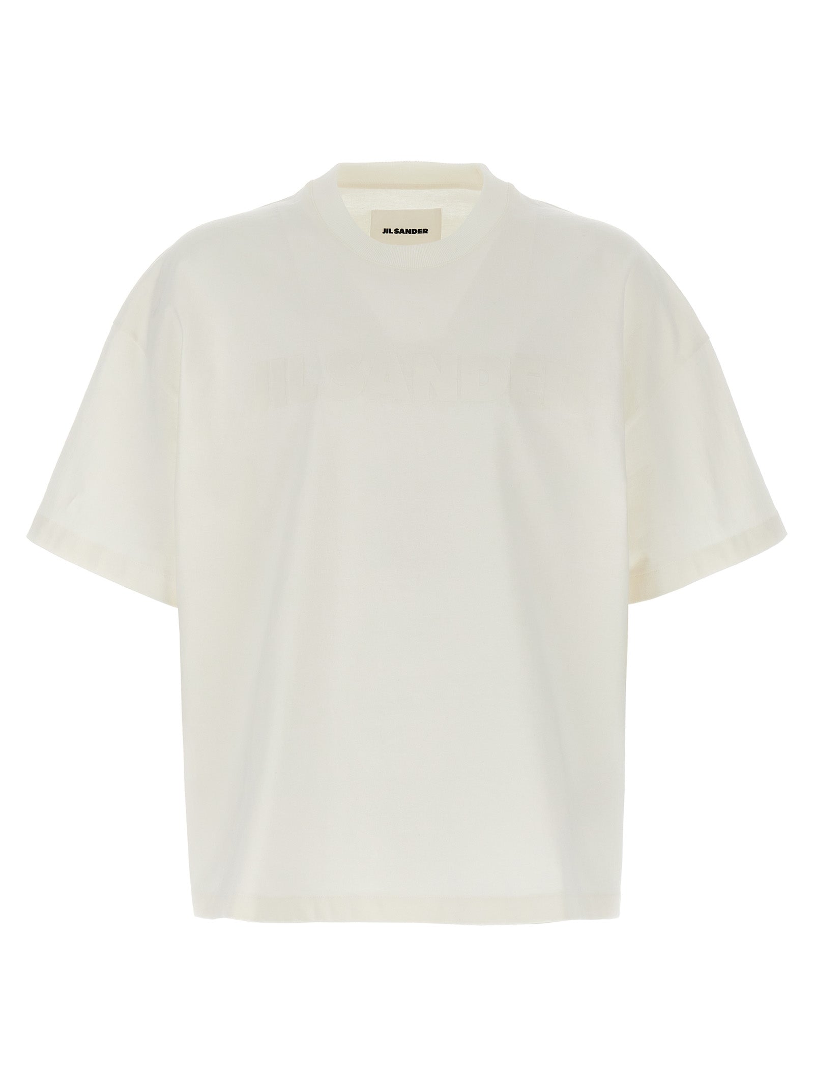 T-Shirt by Jil Sander for men in cotton white & print features a plush silhouette, showcasing a sophisticated crew neckline and short-sleeve for a truly plush finish.