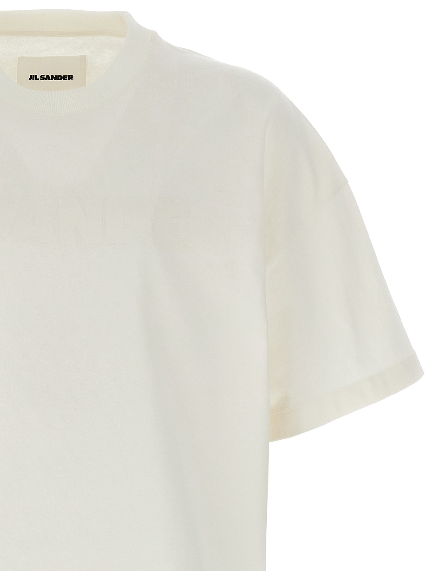 T-Shirt by Jil Sander for men in cotton white & print showcases a fashionable silhouette, elegantly detailed with a fashionable and crew neckline for a sophisticated, high-fashion look.