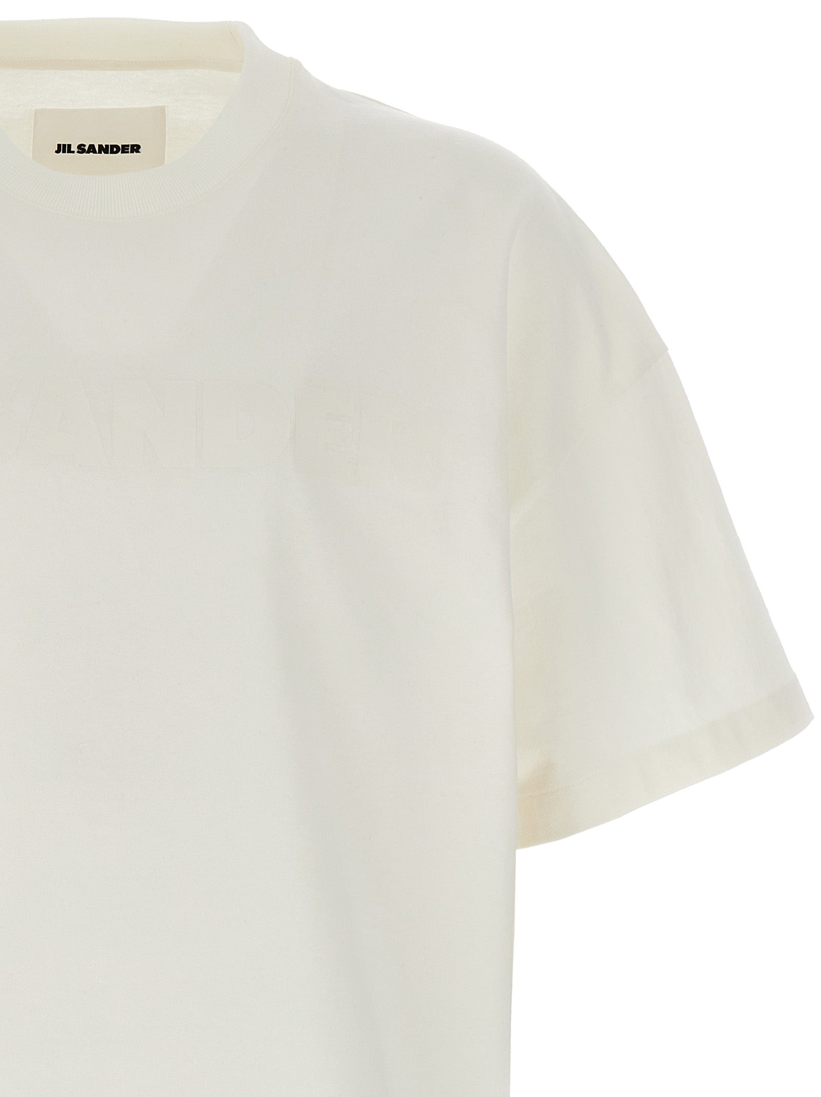 T-Shirt by Jil Sander for men in cotton white & print showcases a fashionable silhouette, elegantly detailed with a fashionable and crew neckline for a sophisticated, high-fashion look.