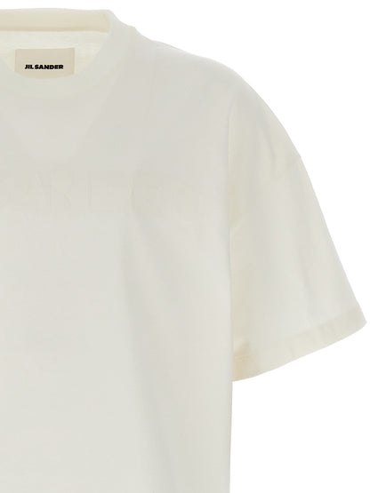 T-Shirt by Jil Sander for men in cotton white & print showcases a fashionable silhouette, elegantly detailed with a fashionable and crew neckline for a sophisticated, high-fashion look.