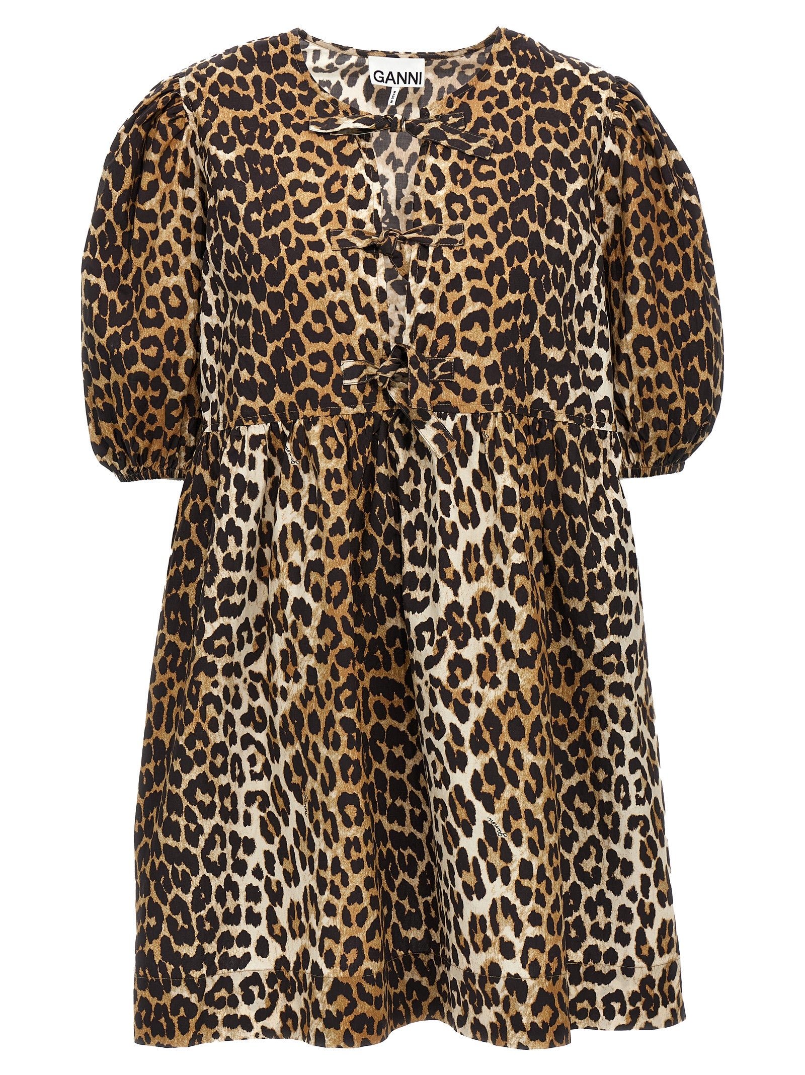 Dress by Ganni for women in organic cotton multicolor, leopard-print & print features an eye catching silhouette with a sophisticated crew neckline, elegant , and a refined short for a eye catching aesthetic.