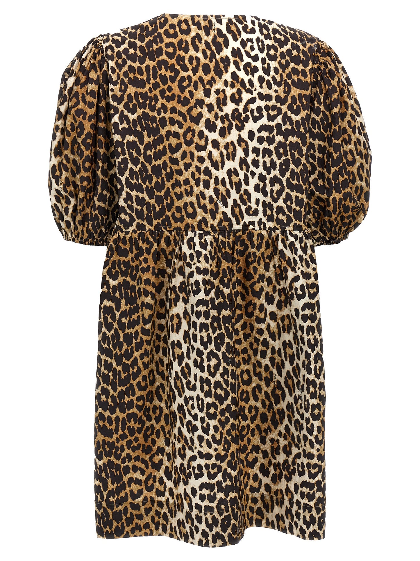 Dress by Ganni for women in organic cotton multicolor, leopard-print & print features a dramatic silhouette, showcasing an elegant crew neckline and that flows into a dramatic short.