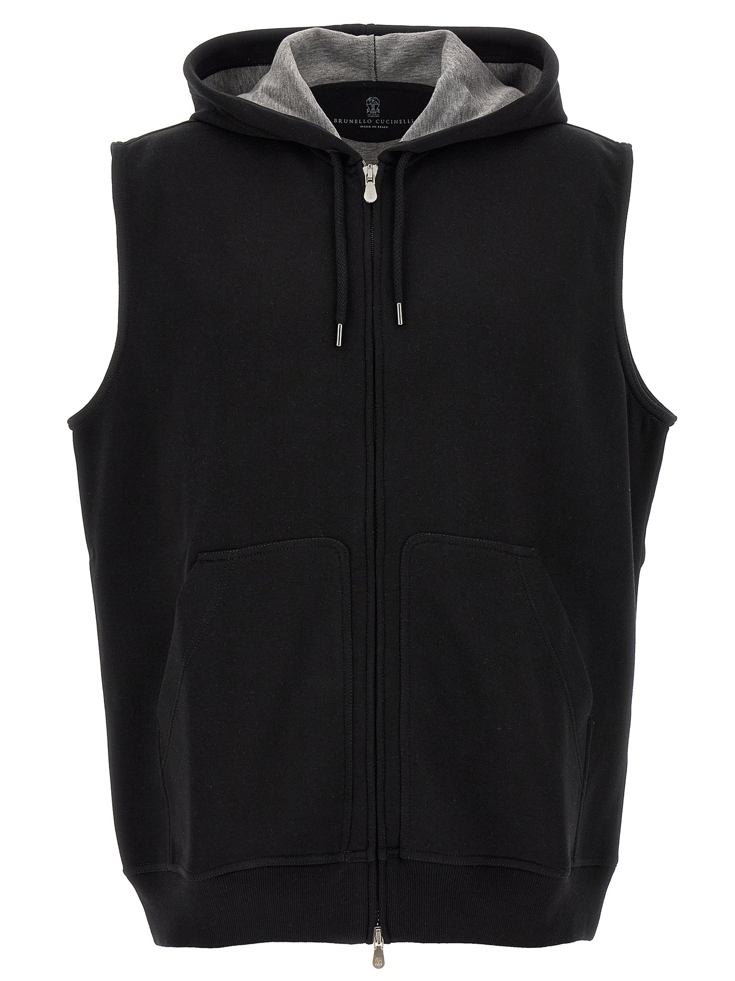 Hooded Vest by Brunello Cucinelli for men in silk polyamide cotton & cashmere black features a enviable silhouette, elegantly detailed with a enviable hooded neckline and functional hooded for a enviable finish.