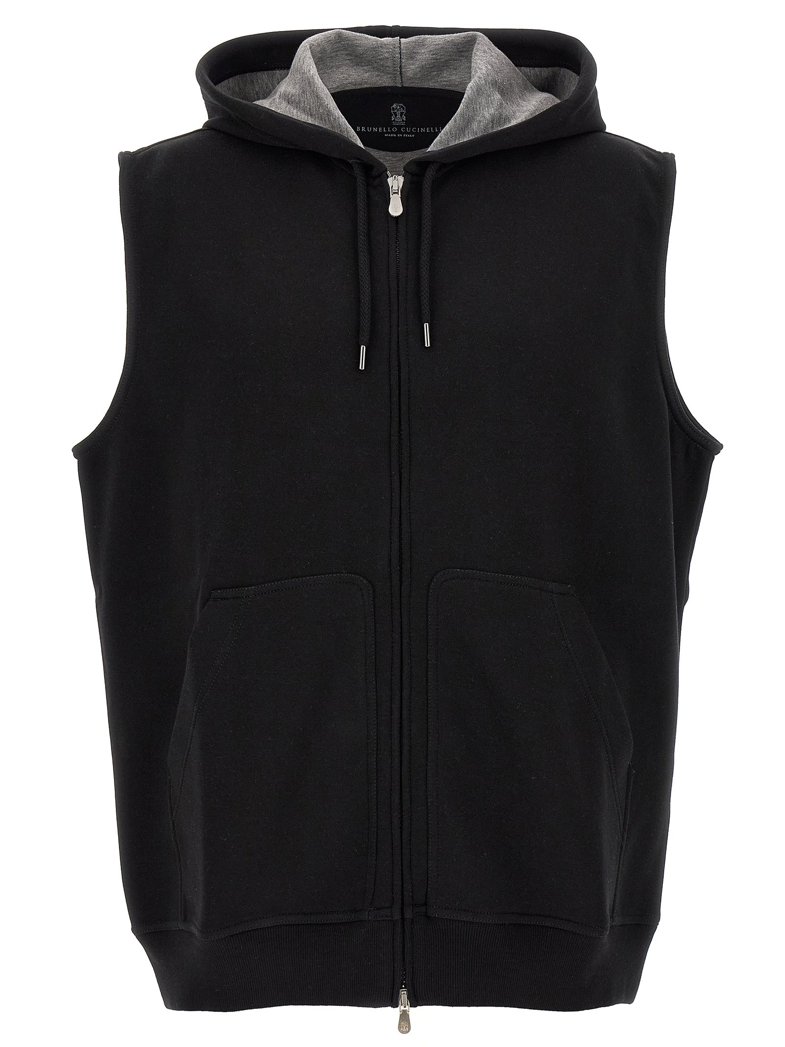 Hooded Vest by Brunello Cucinelli for men in silk polyamide cotton & cashmere black features a enviable silhouette, elegantly detailed with a enviable hooded neckline and functional hooded for a enviable finish.