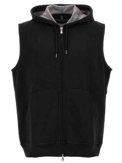 Hooded Vest by Brunello Cucinelli for men in silk polyamide cotton & cashmere black features a enviable silhouette, elegantly detailed with a enviable hooded neckline and functional hooded for a enviable finish.