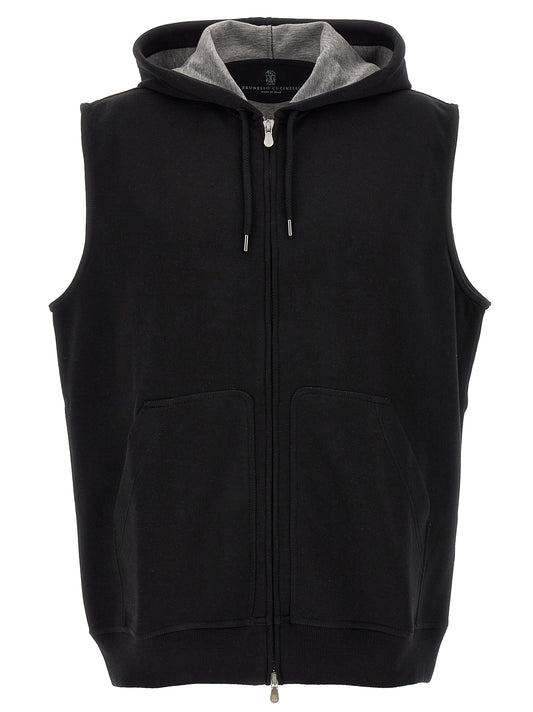 Hooded Vest by Brunello Cucinelli for men in silk polyamide cotton & cashmere black features a enviable silhouette, elegantly detailed with a enviable hooded neckline and functional hooded for a enviable finish.