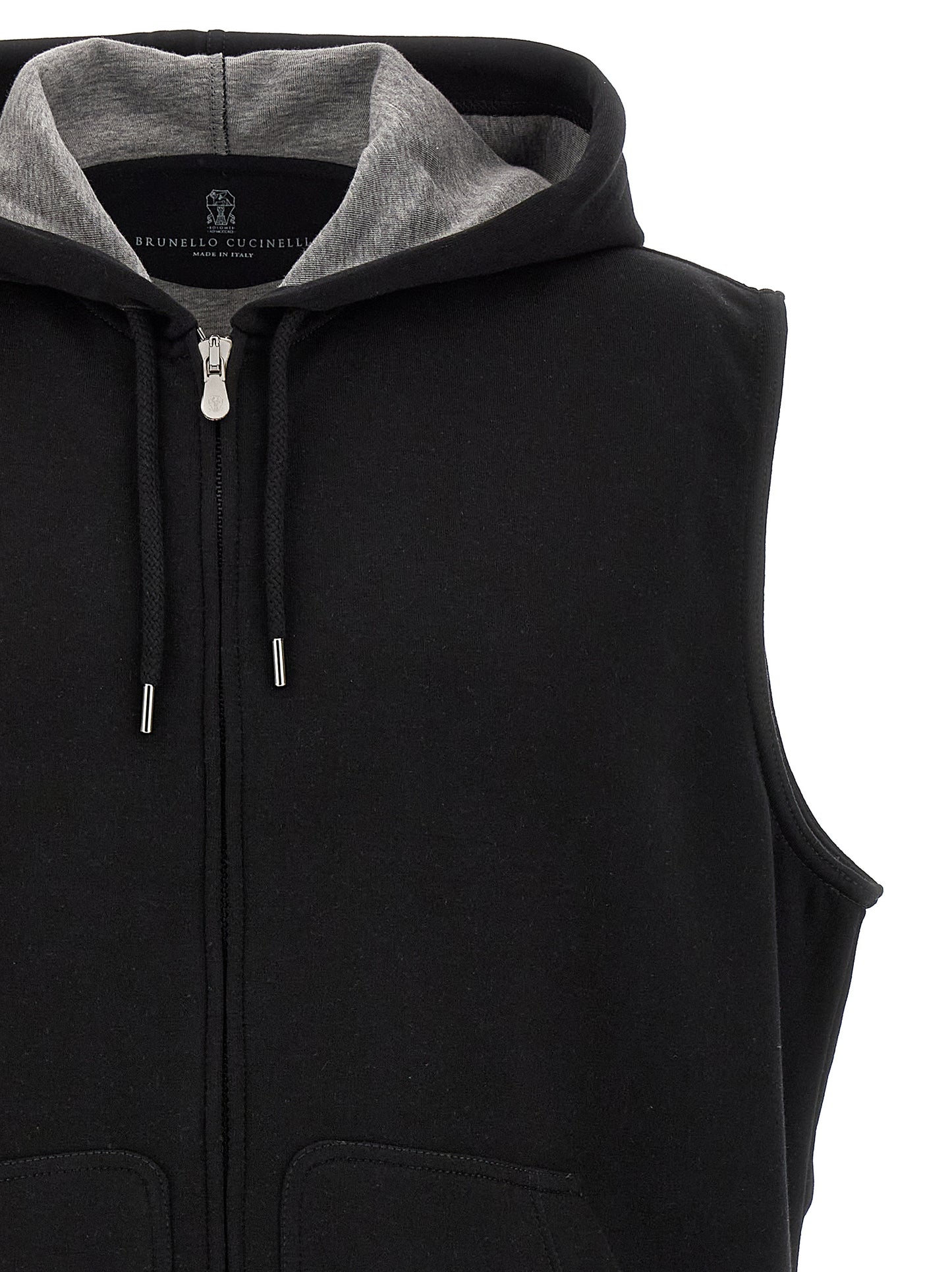Hooded Vest by Brunello Cucinelli for men in silk polyamide cotton & cashmere black features a chic silhouette, expertly detailed with a refined hooded neckline and premium hooded for a truly chic look.
