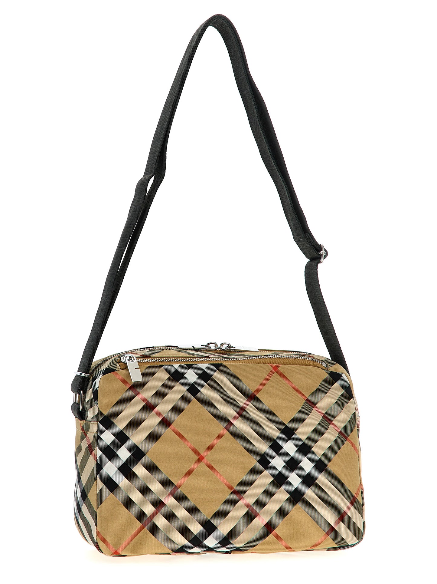 This Crossbody Messenger Bag by Burberry for men in polyester & polyurethane beige & print presents a versatile silhouette from the Polyester & Polyurethane Crossbody Messenger Bag collection, featuring a secure zipper, ample , and versatile crossbody-strap, shoulder-strap & adjustable-strap.