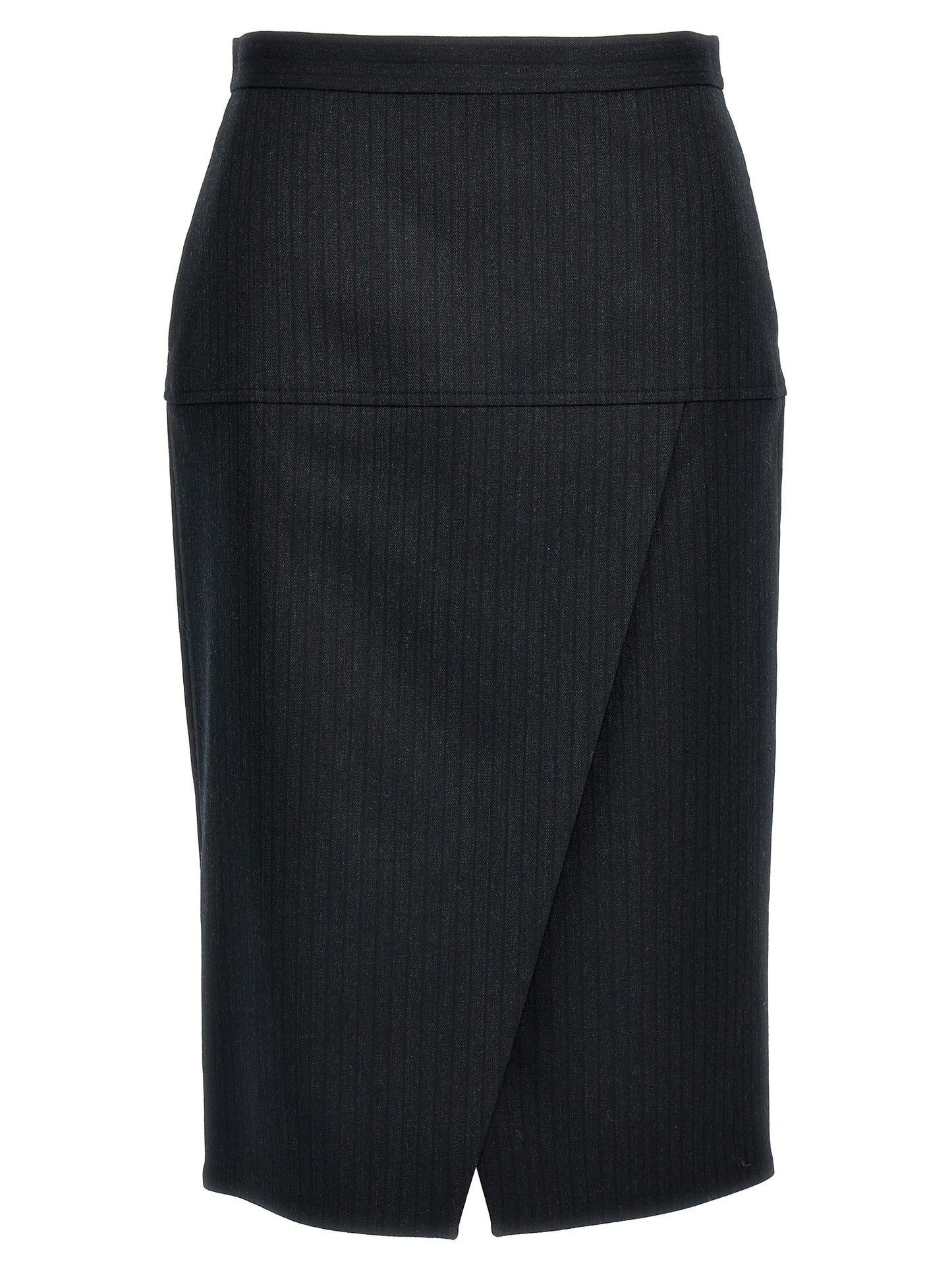 Skirt by Fendi for women in polyester & virgin wool gray & pinstripe showcases a dramatic silhouette, artfully capturing the essence of the Women's Sheath Straight Polyester & Virgin Wool Skirt in a dramatic midi cut for a refined look.