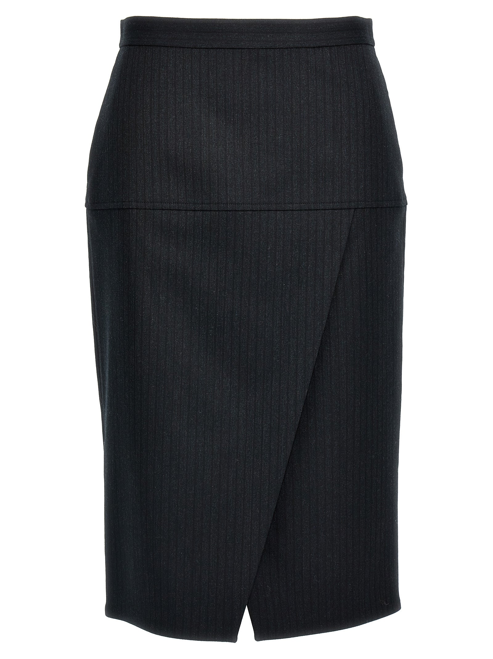Skirt by Fendi for women in polyester & virgin wool gray & pinstripe showcases a dramatic silhouette, artfully capturing the essence of the Women's Sheath Straight Polyester & Virgin Wool Skirt in a dramatic midi cut for a refined look.