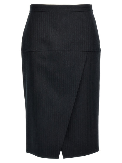 Skirt by Fendi for women in polyester & virgin wool gray & pinstripe showcases a dramatic silhouette, artfully capturing the essence of the Women's Sheath Straight Polyester & Virgin Wool Skirt in a dramatic midi cut for a refined look.