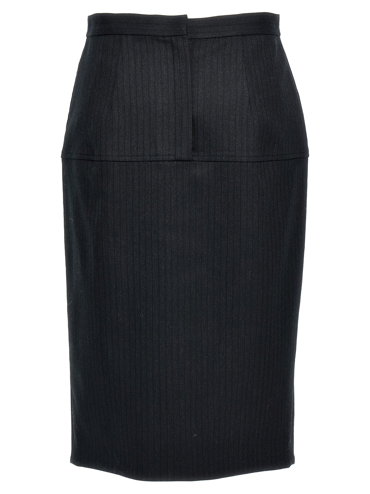 Skirt by Fendi for women in polyester & virgin wool gray & pinstripe showcases a dramatic silhouette, artfully capturing the essence of the Women's Sheath Straight Polyester & Virgin Wool Skirt in a dramatic midi cut for a refined look.