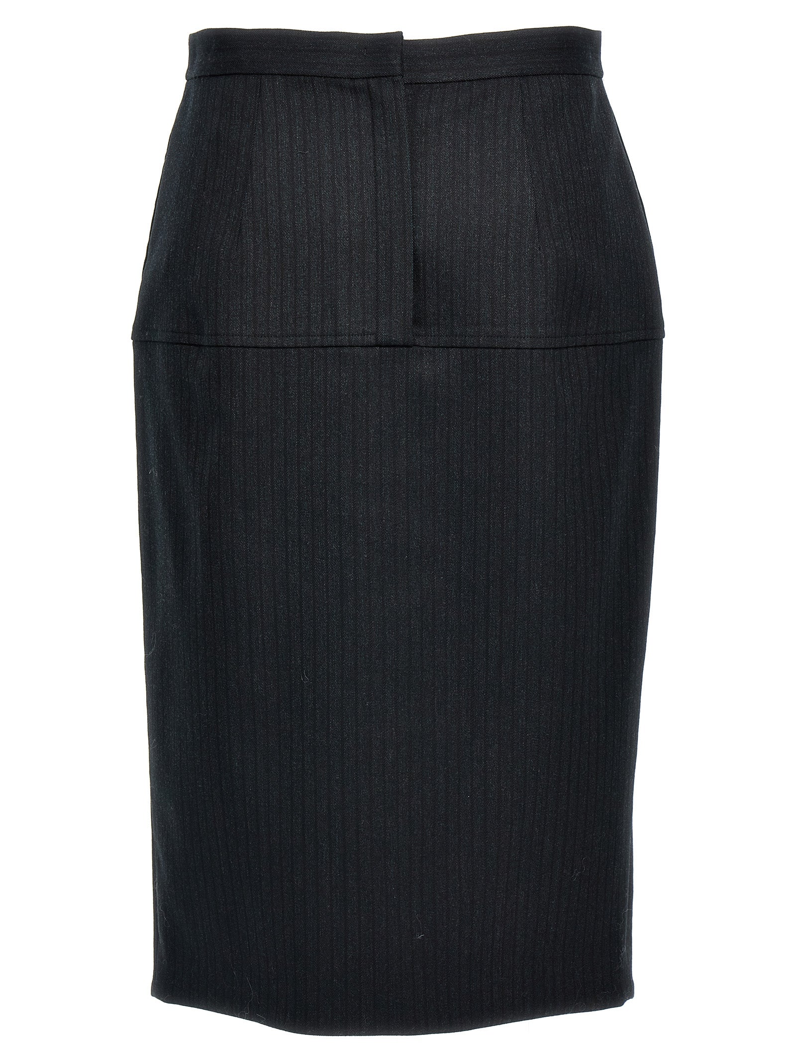 Skirt by Fendi for women in polyester & virgin wool gray & pinstripe showcases a dramatic silhouette, artfully capturing the essence of the Women's Sheath Straight Polyester & Virgin Wool Skirt in a dramatic midi cut for a refined look.