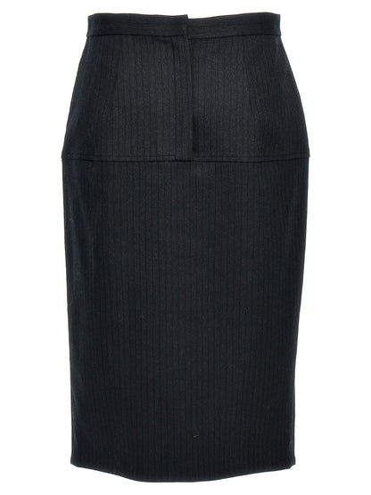 Skirt by Fendi for women in polyester & virgin wool gray & pinstripe showcases a dramatic silhouette, artfully capturing the essence of the Women's Sheath Straight Polyester & Virgin Wool Skirt in a dramatic midi cut for a refined look.
