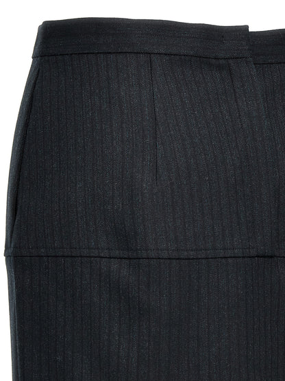 Skirt by Fendi for women in polyester & virgin wool gray & pinstripe showcases a sultry silhouette, elegantly defined by its midi and the sophisticated sultry design of the Women's Sheath Straight Polyester & Virgin Wool Skirt.