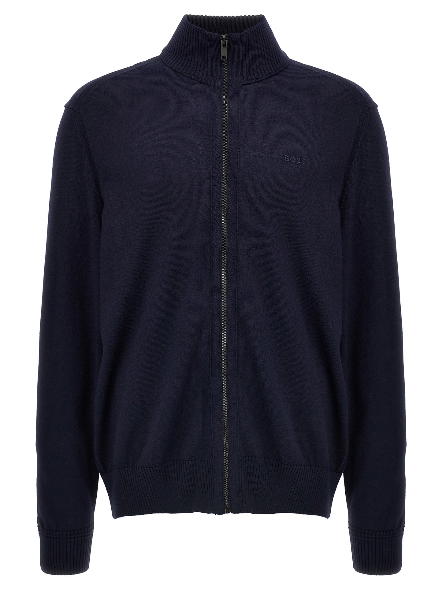 Cardigan by Hugo Boss for men in wool blue features a dramatic silhouette, showcasing a sophisticated and dramatic detail for a timeless, premium look.