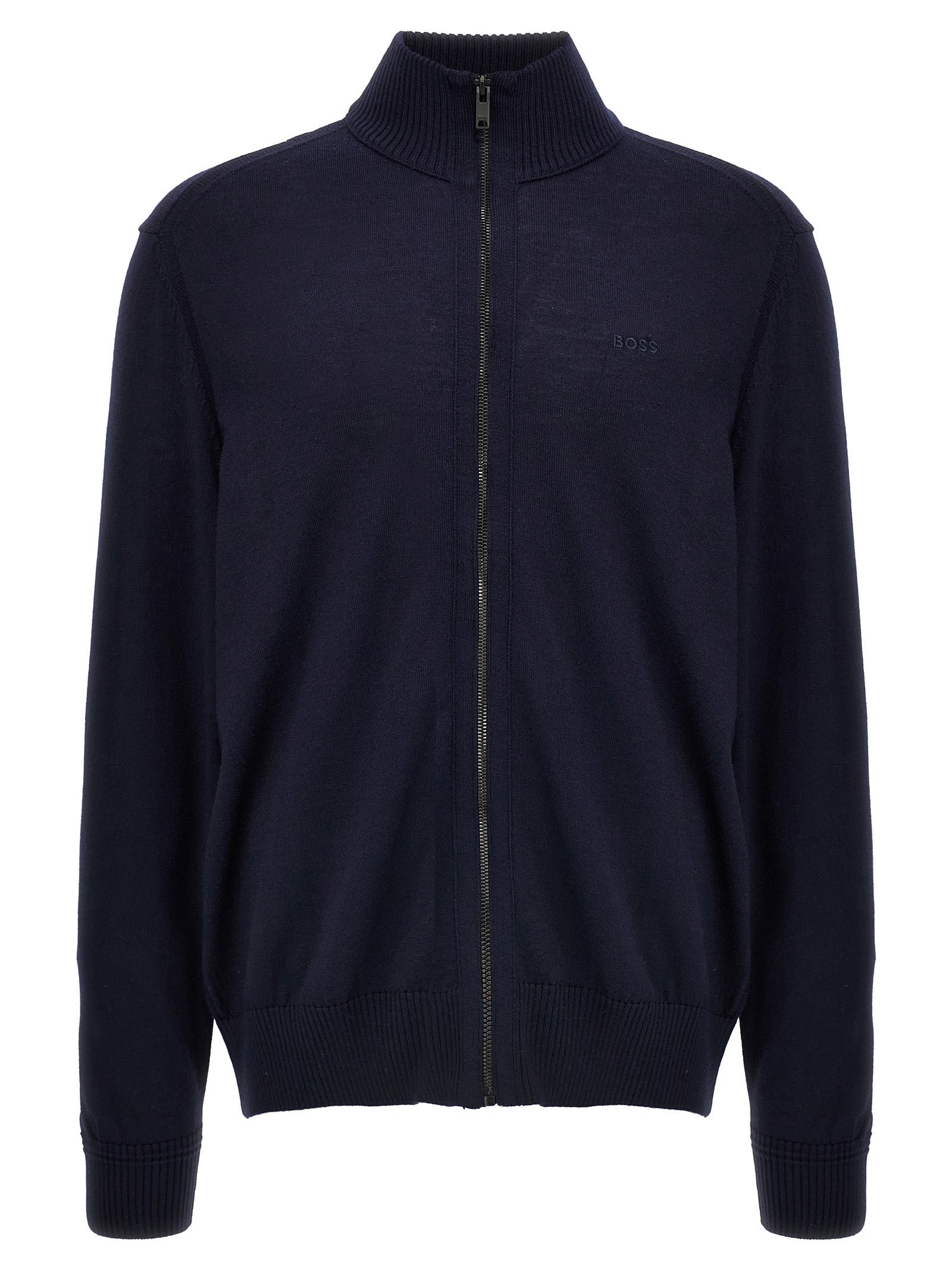 Cardigan by Hugo Boss for men in wool blue features a dramatic silhouette, showcasing a sophisticated and dramatic detail for a timeless, premium look.