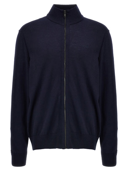 Cardigan by Hugo Boss for men in wool blue features a dramatic silhouette, showcasing a sophisticated and dramatic detail for a timeless, premium look.