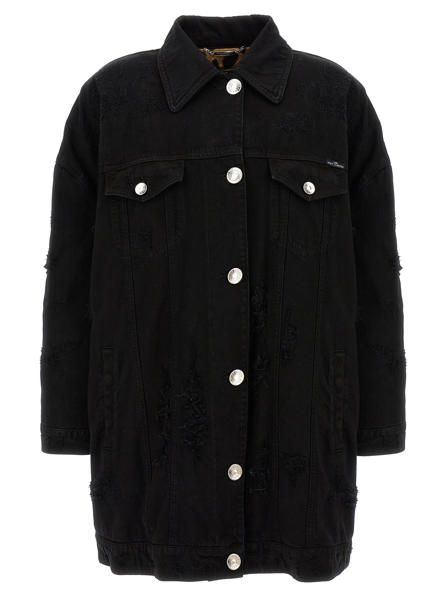 Trucker Jacket by Dolce & Gabbana for women in satin denim cotton black & print showcases a bohemian silhouette, artfully detailed with a bohemian and signature pockets & insulated for a truly bohemian finish.