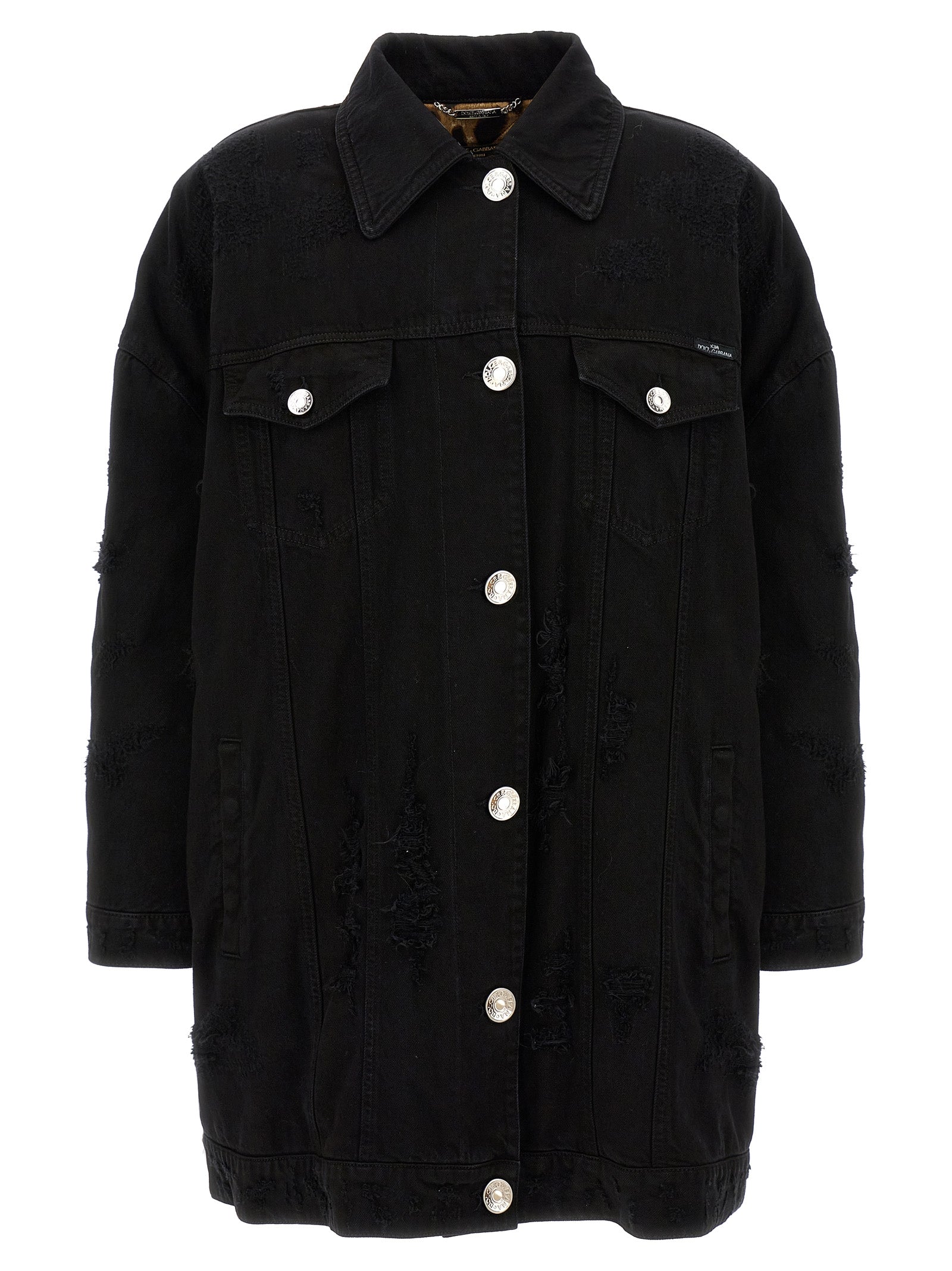Trucker Jacket by Dolce & Gabbana for women in satin denim cotton black & print showcases a bohemian silhouette, artfully detailed with a bohemian and signature pockets & insulated for a truly bohemian finish.