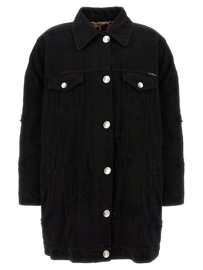 Trucker Jacket by Dolce & Gabbana for women in satin denim cotton black & print showcases a bohemian silhouette, artfully detailed with a bohemian and signature pockets & insulated for a truly bohemian finish.