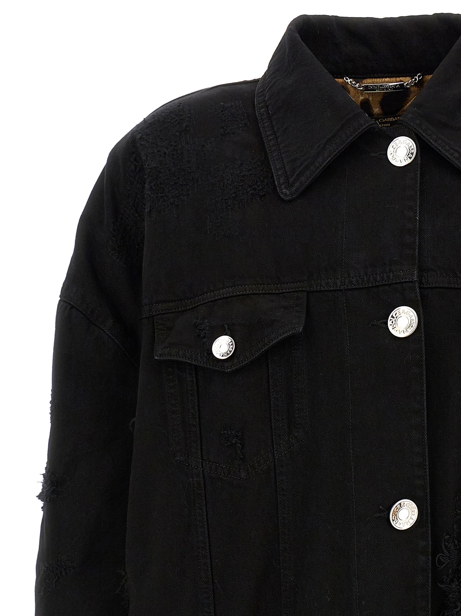 Trucker Jacket by Dolce & Gabbana for women in satin denim cotton black & print features an on trend silhouette, showcasing refined pockets & insulated and a sophisticated for a truly on trend finish.