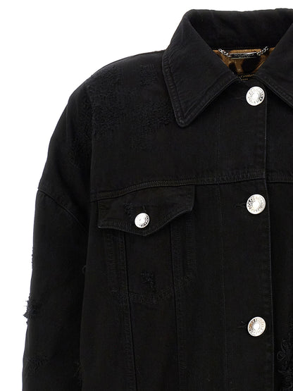 Trucker Jacket by Dolce & Gabbana for women in satin denim cotton black & print features an on trend silhouette, showcasing refined pockets & insulated and a sophisticated for a truly on trend finish.