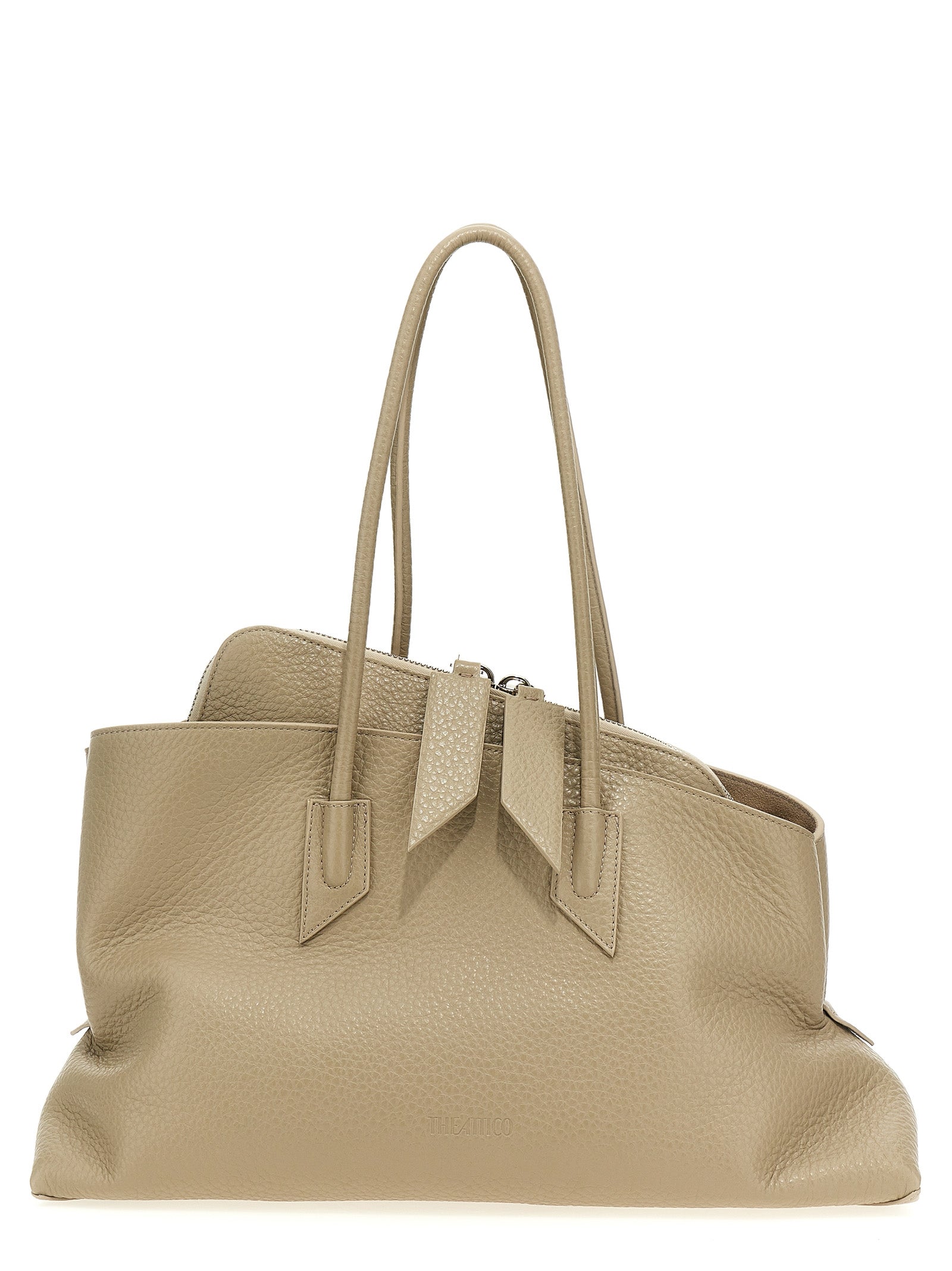 Medium Shoulder Bag by The Attico for women in calfskin leather beige & signature showcases a enviable silhouette, artfully detailed with a secure zipper, organized external-pockets, and versatile shoulder-strap & handle for a enviable look.