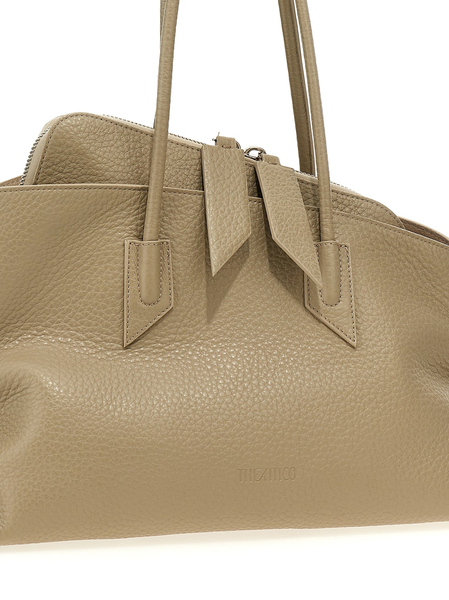 Medium Shoulder Bag by The Attico for women in calfskin leather beige & signature features a effortless chic silhouette with a secure zipper, ample external-pockets, and versatile shoulder-strap & handle for a effortless chic finish.