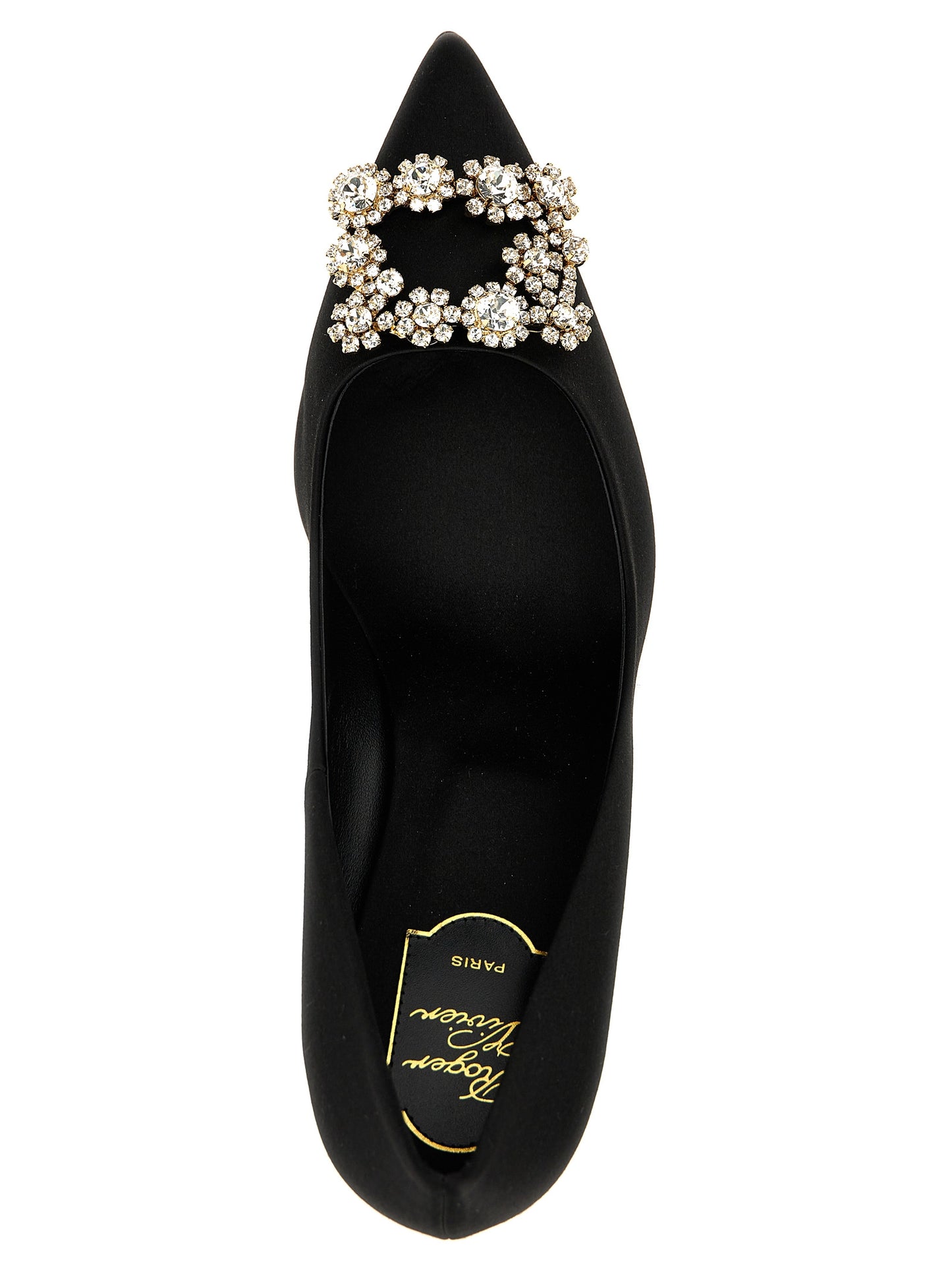 Mid-Heel Pumps Heels by Roger Vivier for women in viscose silk satin black features a effortless chic silhouette, showcasing the Efflorescence Women's Viscose Silk Satin Mid-Heel Pumps Heels design with a effortless chic mid-heel and pointed toe style for a effortless chic finish.
