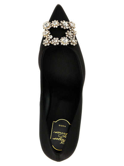 Mid-Heel Pumps Heels by Roger Vivier for women in viscose silk satin black features a effortless chic silhouette, showcasing the Efflorescence Women's Viscose Silk Satin Mid-Heel Pumps Heels design with a effortless chic mid-heel and pointed toe style for a effortless chic finish.