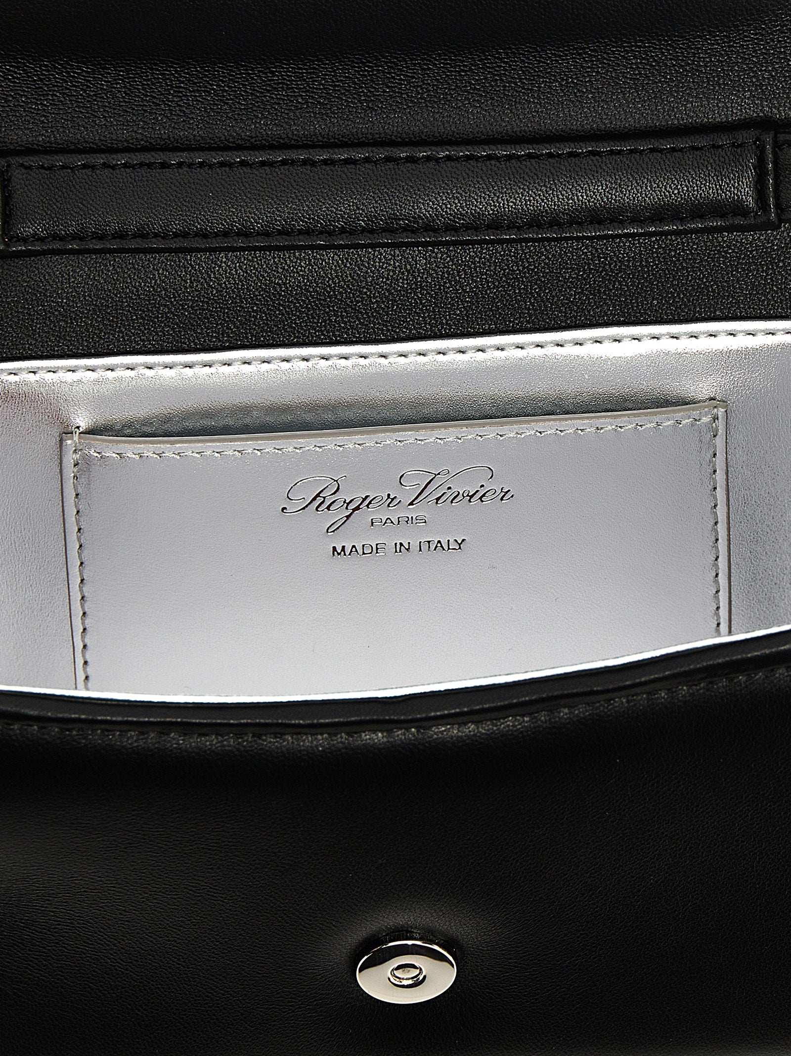 Micro Flap Handbag by Roger Vivier for women in polyester & lamb leather black features an refined silhouette, showcasing a secure flap & magnetic, ample , and versatile shoulder-strap & handle for a sophisticated refined aesthetic.