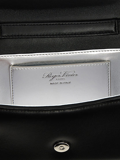 Micro Flap Handbag by Roger Vivier for women in polyester & lamb leather black features an refined silhouette, showcasing a secure flap & magnetic, ample , and versatile shoulder-strap & handle for a sophisticated refined aesthetic.