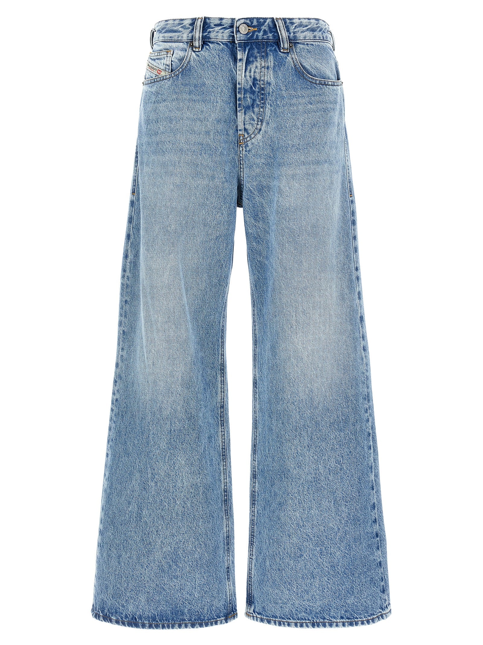 Jeans by Diesel for women in denim cotton blue presents a tailored silhouette, showcasing a tailored relaxed-fit & wide and long cut with a refined low rise for a truly tailored aesthetic.