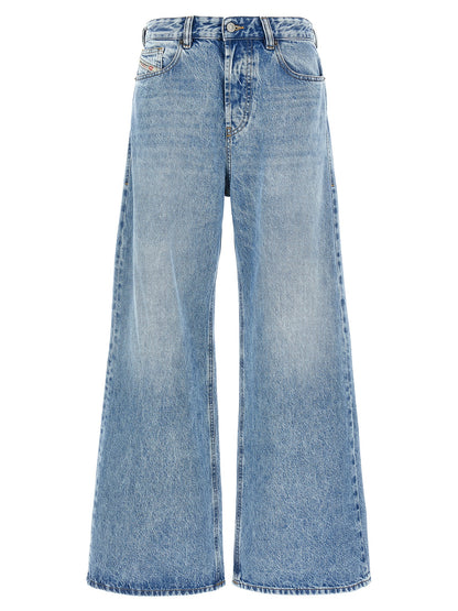 Jeans by Diesel for women in denim cotton blue presents a tailored silhouette, showcasing a tailored relaxed-fit & wide and long cut with a refined low rise for a truly tailored aesthetic.