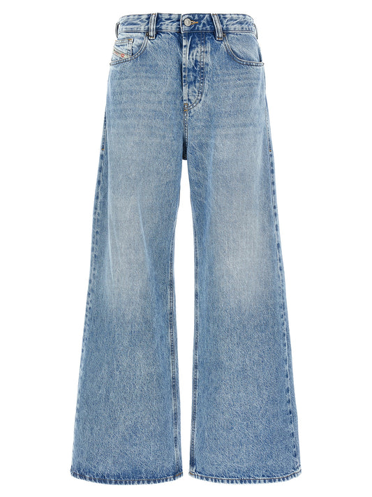 Jeans by Diesel for women in denim cotton blue presents a tailored silhouette, showcasing a tailored relaxed-fit & wide and long cut with a refined low rise for a truly tailored aesthetic.