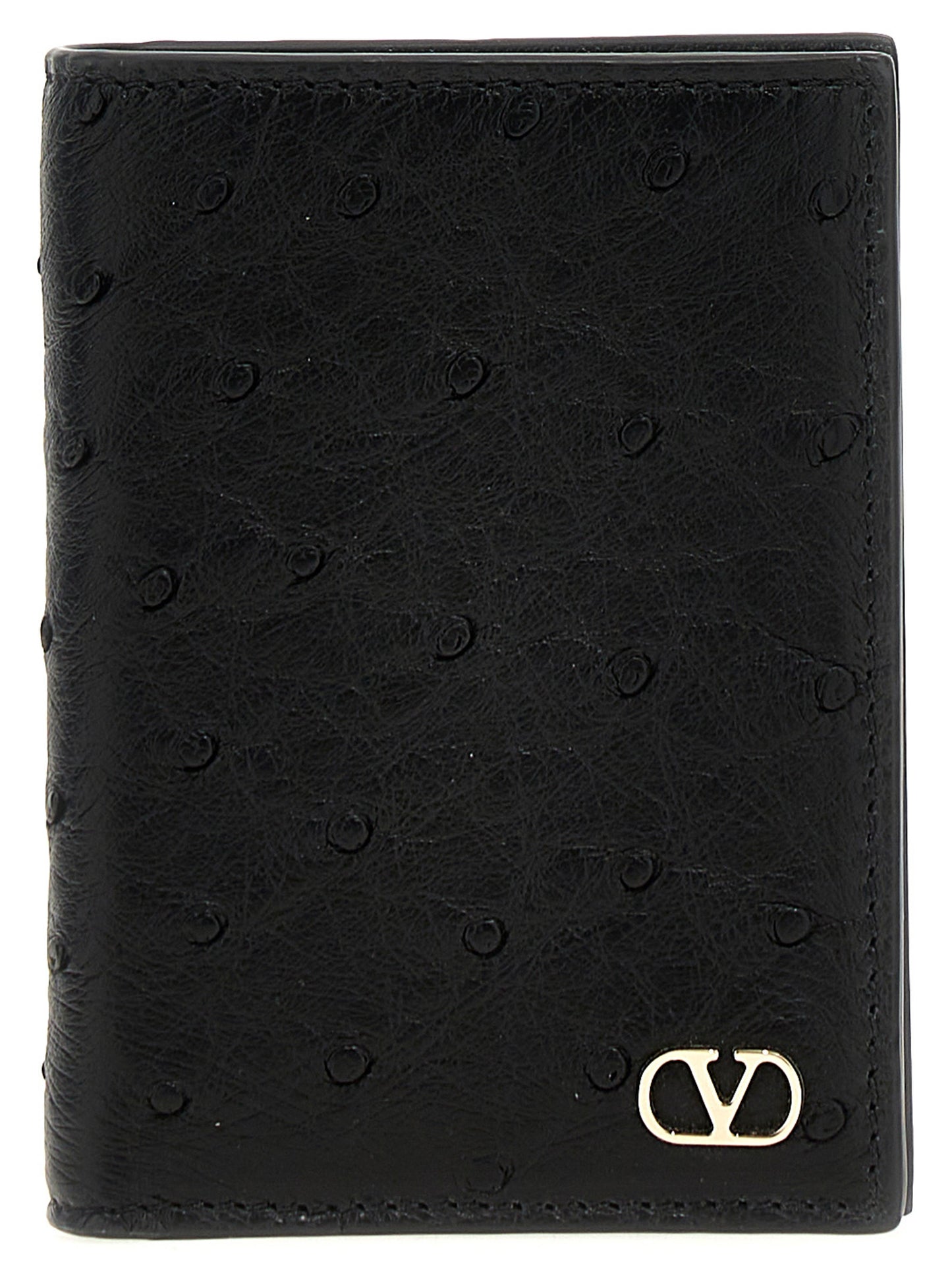 Cardholder Card Case by Valentino Garavani for men in ostrich leather black & signature features an dynamic silhouette from the V Logo Ostrich Leather Cardholder Card Case collection, highlighting dynamic card-organization for a premium and sophisticated look.