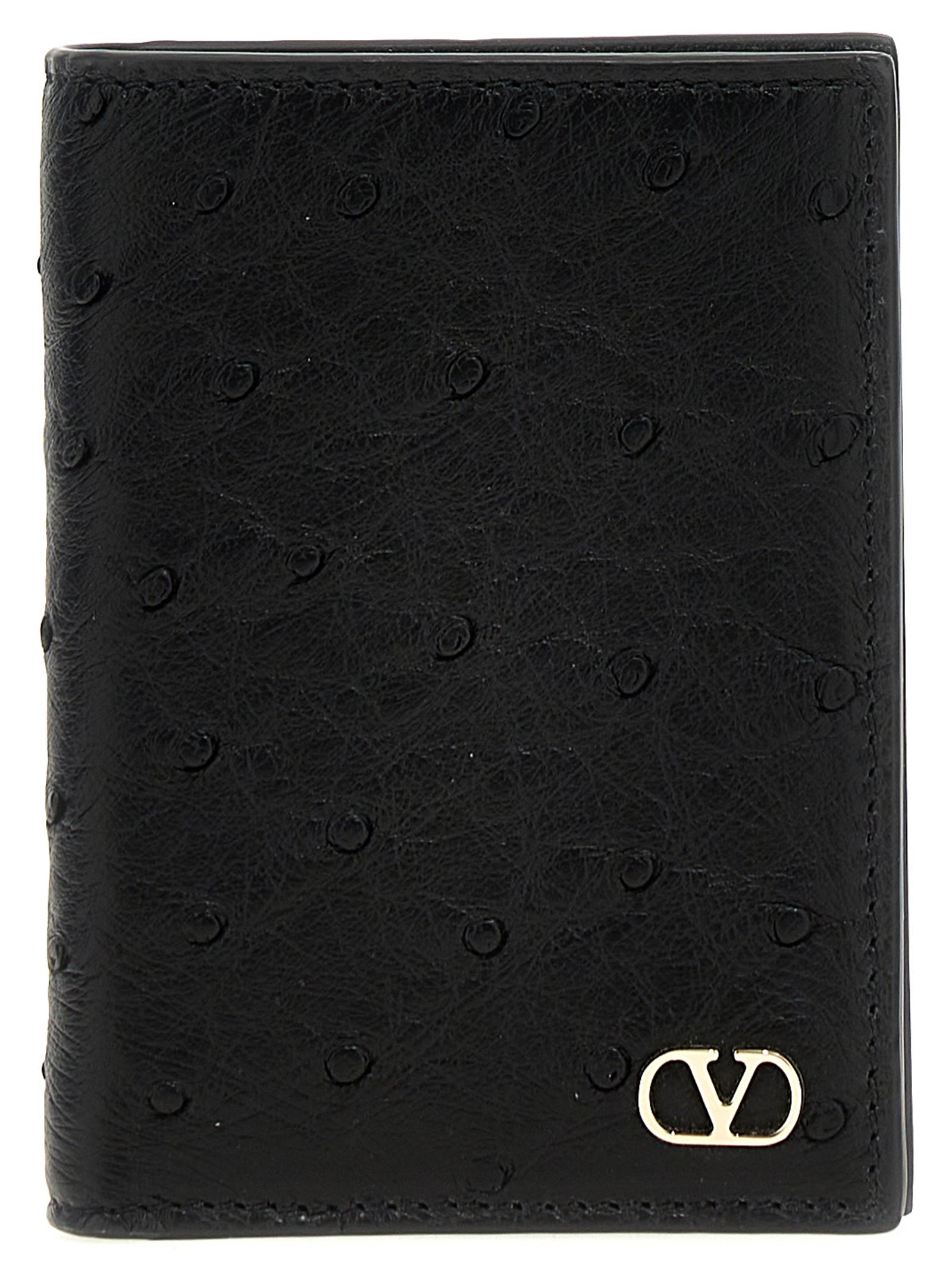 Cardholder Card Case by Valentino Garavani for men in ostrich leather black & signature features an dynamic silhouette from the V Logo Ostrich Leather Cardholder Card Case collection, highlighting dynamic card-organization for a premium and sophisticated look.