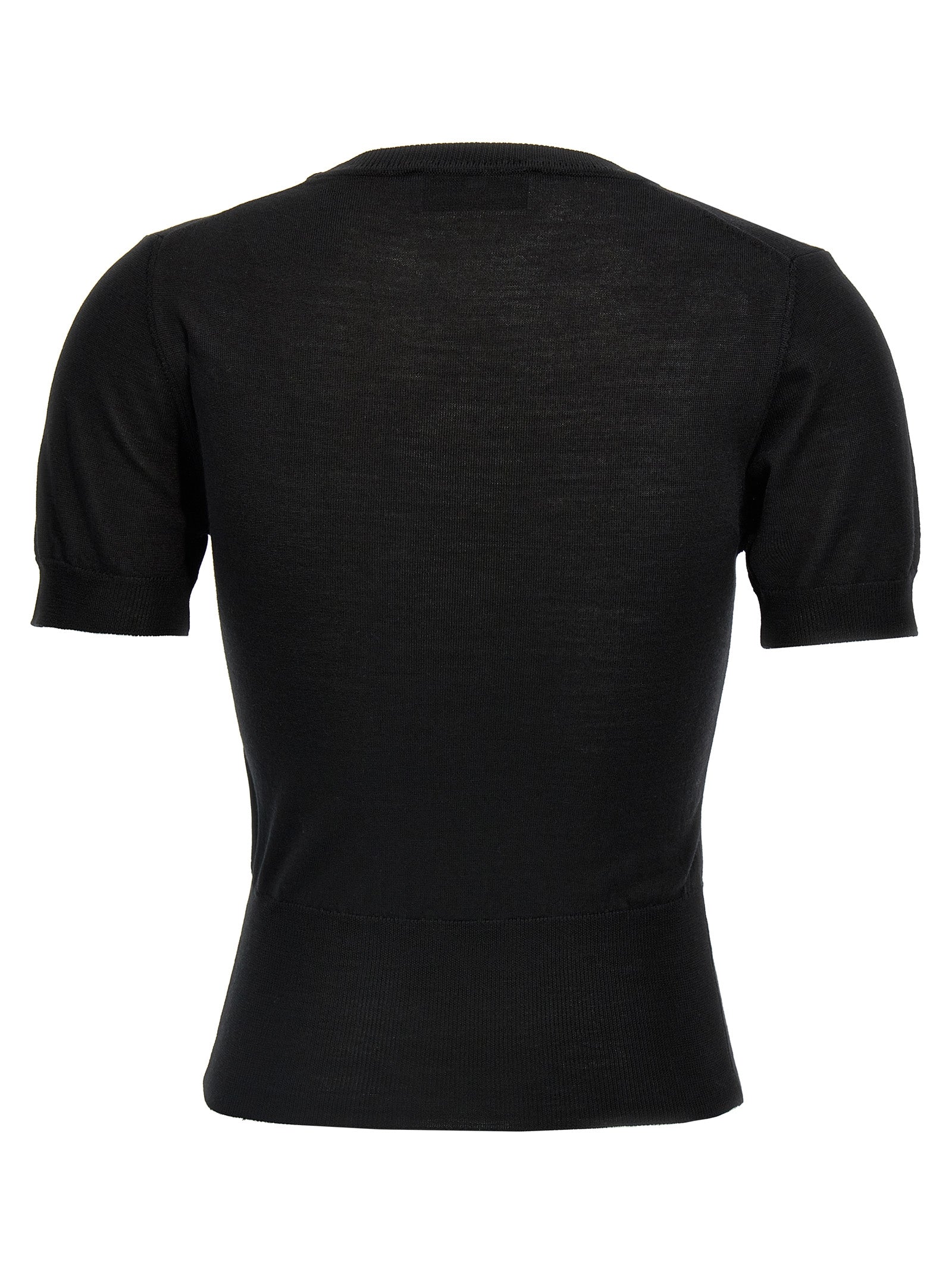 T-Shirt by Vivienne Westwood for women in silk & wool black showcases a fashionable silhouette, elegantly detailed with a fashionable and crew neckline for a sophisticated, high-fashion look.