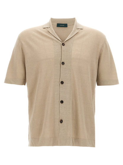 Shirt by ZANONE for men in linen & cotton beige features an architectural silhouette with a refined short-sleeve and elegant for a architectural look.