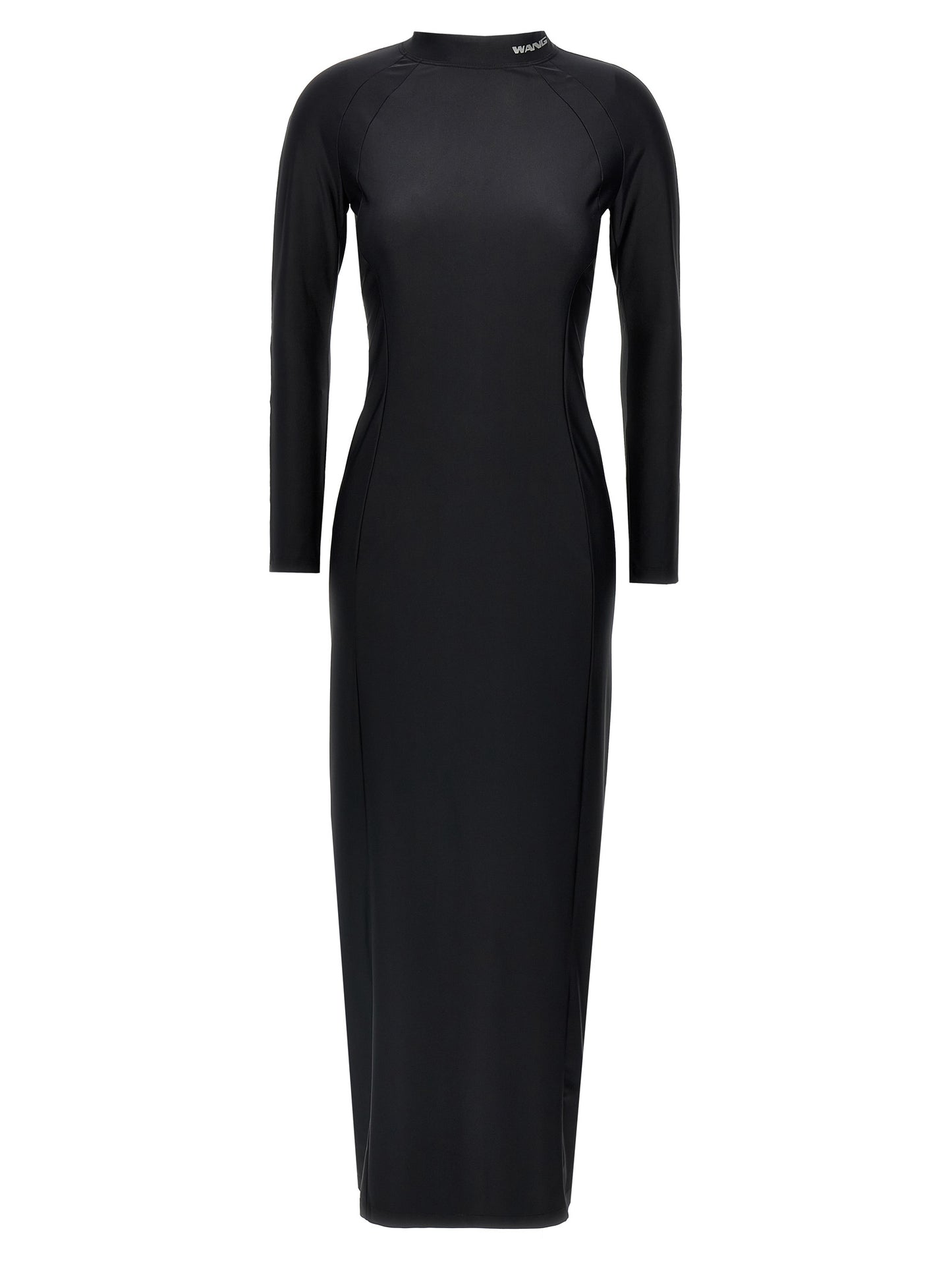 Dress by T BY ALEXANDER WANG for women in stretch nylon black presents a sinuous silhouette, showcasing a sophisticated high-neck neckline and long-sleeve detailed with a sinuous midi for a refined finish.